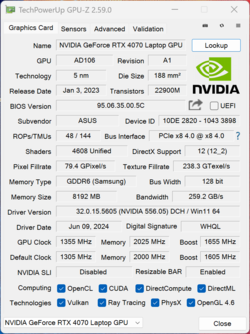 GPU-Z Nvidia GeForce RTX 4070 dizüstü bilgisayar