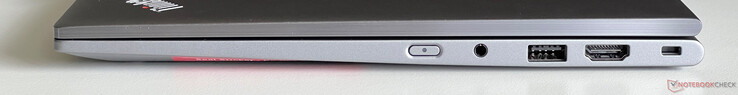 Sağ: güç düğmesi, 3,5 mm ses, USB 3.2 Gen 1 (5 Gbit/s), HDMI 2.1, Kensington Nano Güvenlik Yuvası