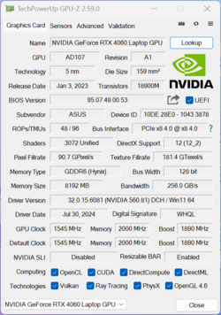 GPU-Z Nvidia GeForce RTX 4060 Dizüstü Bilgisayar