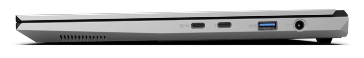 Sağ tarafta: USB-C 3.2 Gen. 2 (10 Gbit/s, DisplayPort 1.4a, G-Sync uyumlu, Güç Dağıtımı yok), Thunderbolt 4 ile USB-C 4.0 (40 Gbit/s, DisplayPort 2.1, Güç Dağıtımı), USB-A 3.2 Gen. 2 (10 Gbit/s, elektrikli), güç girişi