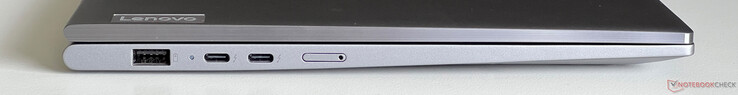 Sol: USB-A 3.2 Gen 1 (5 Gbit/s, her zaman açık), Thunderbolt 4 ile 2x USB-C 4.0 (40 Gbit/s, DisplayPort 2.1, Power Delivery 3.0), Nano SIM kart